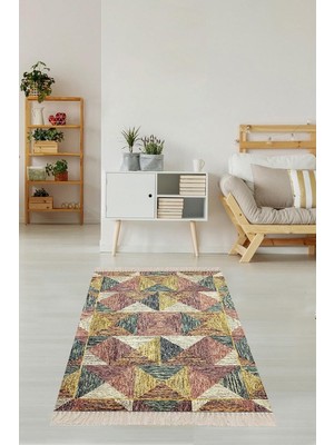 Karahanbey Pelangi Renk Bloklu Karo Desen Dijital Baskı Yıkanabilir Kaymaz Taban Modern Salon Halısı, Bej 80 x