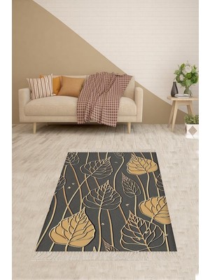 Karahanbey Pelangi Gold Yaprak Desenli Dijital Baskılı Kaymaz Taban Modern Salon Halısı ve Yolluk, Gri 100 x 2