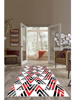 Karahanbey Pelangi Kırmızı Geometrik Desen Renk Geçili Yıkanabilir Kaymaz Taban Leke Tutmaz Modern Salon Halı