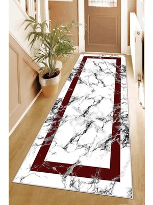 Karahanbey Pelangi Mermer Desenli Bordo Çerçeveli Dijital Baskı Yıkanabilir Kaymaz Taban Modern Salon Halı ve