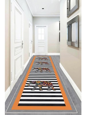 Karahanbey Pelangi Fil Desenli Etnik Dijital Baskı Yıkanabilir Modern Salon Filli Halı ve Yolluk (Turuncu), Tu