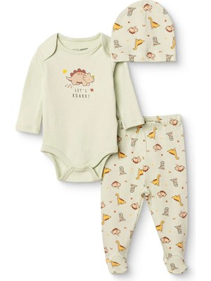 Hellobaby Erkek Bebek Body-Alt-Şapka Dinozor Baskılı Çıtçıtlı Bisiklet Yaka Long Sleeve Patikli