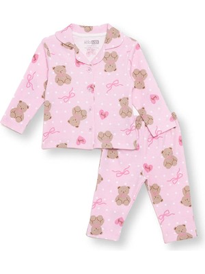 Hellobaby Kız Bebek Pijama Takımı Hayvan Baskılı Düğmeli Bebe Yaka Uzun Kol Reçme