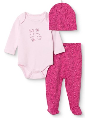 Hellobaby Kız Bebek Body-Alt-Şapka Hayvan Baskılı Çıtçıtlı Bisiklet Yaka Long Sleeve Patikli