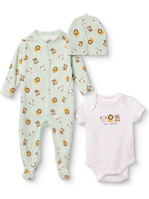 Hellobaby Erkek Bebek Tulum-Body-Şapka Hayvan Baskılı Çıtçıtlı Bisiklet Yaka Uzun Kol Patikli