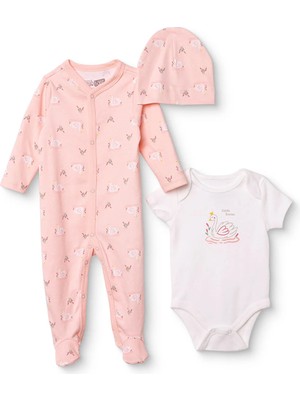 Hellobaby Kız Bebek Tulum-Body-Şapka Çiçek Baskılı Çıtçıtlı Bisiklet Yaka Uzun Kol Patikli