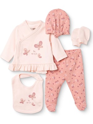 Hellobaby Kız Bebek 5li Hastane Çıkışı Çiçek Baskılı Çıtçıtlı Zarf Yaka Long Sleeve Patikli