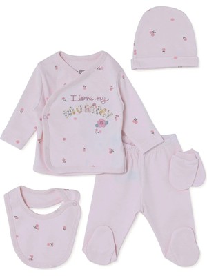 Hellobaby Kız Bebek 5li Hastane Çıkışı Çiçek Baskılı Çıtçıtlı Zarf Yaka Long Sleeve Patikli