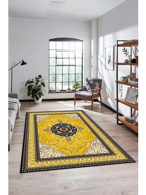 Karahanbey Renkli Klasik Desen Dijital Kaymaz Taban Yıkanabilir Yolluk Mutfak Salon Halısı Klasi̇k-26, Sarı, 60