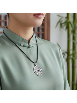 Alooya Koruma - Feng Shui Çin Şans Parası Gümüş Kaplama Deri İp Kolye
