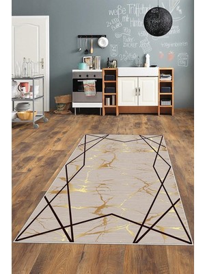 Karahanbey Pelangi Vizon Gold Detaylı Yıkanabilir Kaymaz Taban Leke Tutmaz Modern Salon Halısı ve Yolluk, Kahv