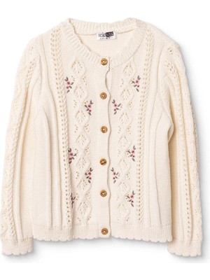 Hellobaby Kız Bebek Triko Hırka Çiçek Baskılı Düğmeli Bisiklet Yaka Long Sleeve Reçme