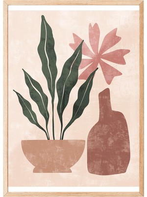 Karahanbey Zestia Ahşap Çerçeveli Tablo, Pembe Vazo ve Çiçekler, Organik Şekillerle Minimal Stil Poster No: 10