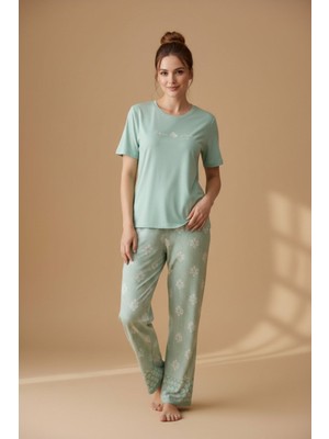 Pijapia Kadın Kısa Kollu Geniş Paça Likralı Pijama Takımı Mint