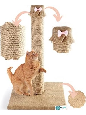 Karahanbey Bypet Kedi Tırmalama Direği - Doğal Jüt Halat Kedi Tırmalama ve Oyun Platformu (Pembe Papyon)