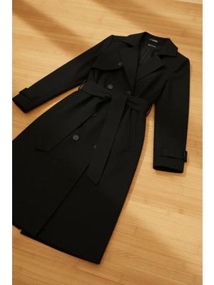 Select Moda Kadın Siyah Uzun Trençkot Kemerli Tasarım %65 Polyester %35 Cotton ile Şıklık