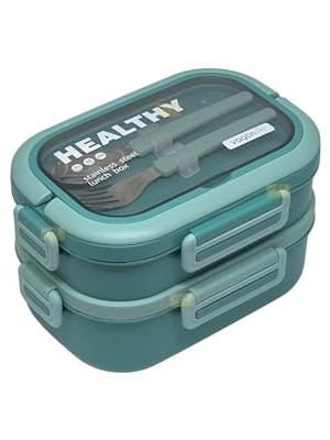 Larskas Bento 1650ML Lunchbox 2 Katlı 3 Bölmeli Paslanmaz Çelik Sefer Tası Yemek Kutusu (Yeşil)