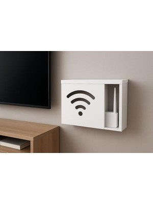 Larskas Ahşap Modem Saklama Kutusu Dekoratif Wifi Saklama Kutusu Demonte 35 x 40 cm Sürgülü Kapak Wi-Fi Desenli