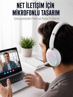 tp Bluetooth 5.0 Beyaz Kulak Üstü Kablosuz Kulaklık Mikrofonlu Rgb Aydınlatmalı - Lisinya