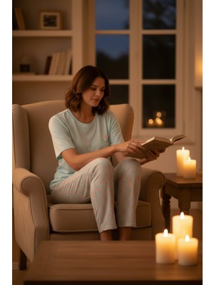 Pijapia Kadın Kısa Kollu Likralı Pijama Takımı Mavi
