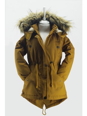 Asortik Unisex Mont Kaban Kışlık Kanvas Kumaş Büzmeli Diz Üstü İçi Kürk Kapüşonlu Kaban Mont-MNT-0005