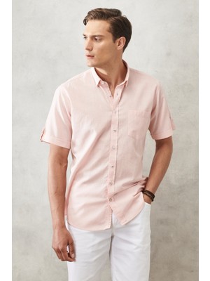 Altınyıldız Classics Erkek Pembe Comfort Fit Rahat Kesim Düğmeli Yaka Keten Görünümlü %100 Pamuk Kısa Kollu Gömlek