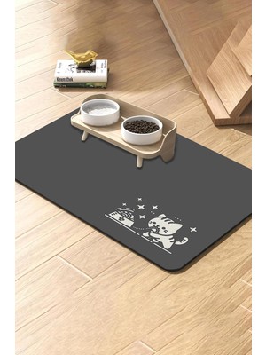 Karahanbey Mama Çeken Kedi Gri Renk Beslenme Matı Kaymaz Sıvı Geçirmez Kedi Köpek Mama Paspası 50X70CM