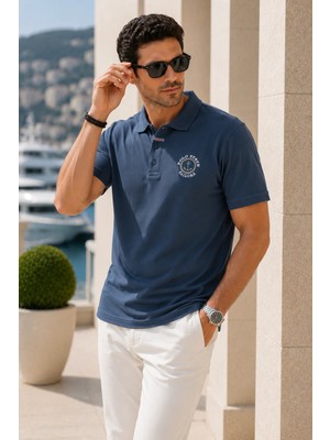 Polo State Erkek Duman Mavisi Polo Yaka Nakışlı Pike T-Shirt
