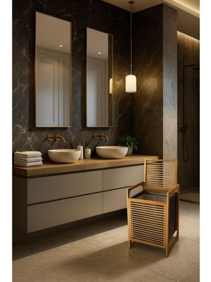 Karahanbey Tuğra Store Modern Bambu Çamaşır Kirli Sepeti Geniş Hacim 61X40 X35 cm 100 Lt