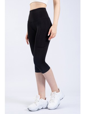 The Step Sports Snc Kadın Siyah Cepli Yüksek Bel Toparlayıcı, Kapri Yoga Tayt 19"