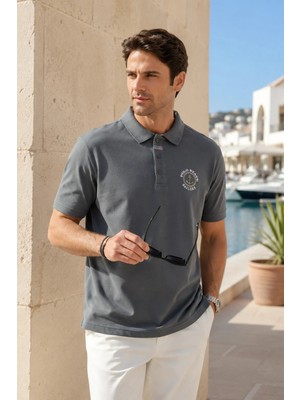 Polo State Erkek Gri Polo Yaka Nakışlı Pike T-Shirt