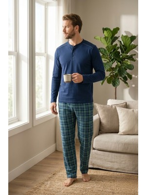 Morro Erkek %100 Pamuk Hayalet Pijama Takımı Uzun Kollu Düğmeli Yaka Penye Üst Ekose Pantolonlu Ev Giyim Seti