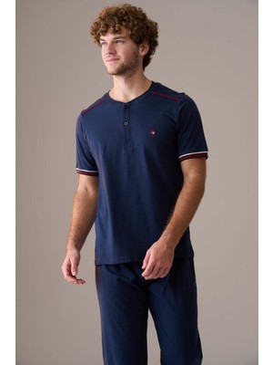 Pijapia Erkek Kısa Kol Düğmeli Yaka %100 Pamuk Pijama Takımı Siyah