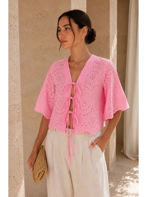 Polo State Kadın Pembe Brode Güpür Bağlamalı Crop Bluz