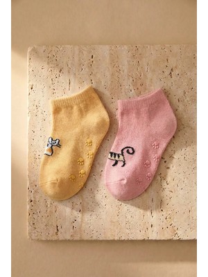 Bony Socks Bebek Kedi Desenli 2'li Step Çorap Pembe-Kahverengi