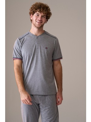 Pijapia Erkek Kısa Kol Düğmeli Yaka %100 Pamuk Pijama Takımı Siyah