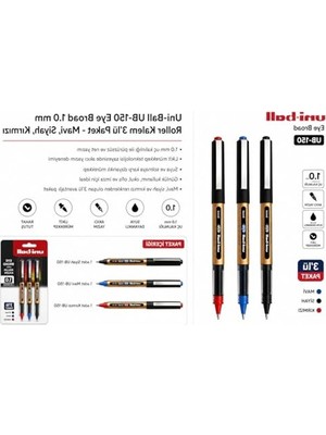 MarkEntegra Mavi Siyah Kırmızı Pilot Kalem 3 Adet Uniball Eye Broad 1.0 mm Roller Pilot Kalem UB-150-10 Roller Uçlu Likit Mürekkepli