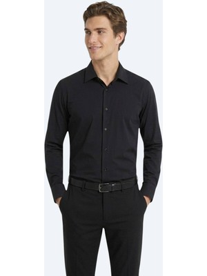 Kip Siyah Düz Regular Fit Uzun Casual Gömlek
