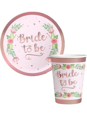 Bride To Be Rosegold Çiçekli Karton Tabak + Bardak Seti 8'li, 141410010005