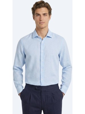 Kip Mavi Regular Fit Uzun Dokuma Casual Pamuk Karışımlı Gömlek