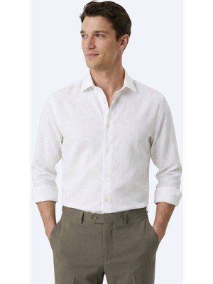 Kip Beyaz Regular Fit Uzun Dokuma Casual Pamuk Karışımlı Gömlek