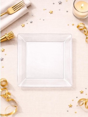 Lüks Mika Kare Tabak Plastik Parti Tabağı Şeffaf 22 cm 10'lu