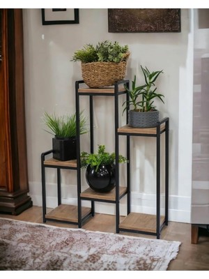 Dekoratif Metal Gövdeli 6 Ahşap Raflı Saksılık Katlı Dikey Saksı Standı Çiçeklik Garden