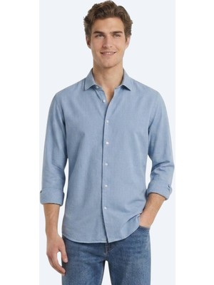 Kip Koyu Indigo Düz Regular Fit Uzun Dokuma Casual Pamuk Karışımlı Gömlek