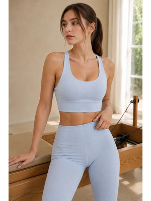 Quhox Kadın Mavi Çapraz Askılı Pedli Sporcu Sütyen Yoga Pilates Büstiyer