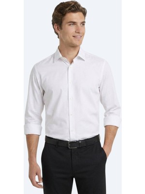 Kip Beyaz Düz Regular Fit Uzun Casual Gömlek