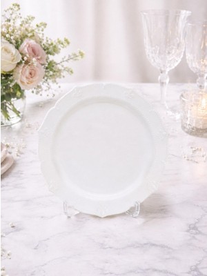 Lüks Mika Tabak Vintage Desenli Plastik Parti Tabağı Beyaz 22 cm 6'li