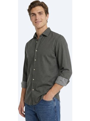 Kip Kahverengi Düz Regular Fit Uzun Dokuma Casual Pamuk Karışımlı Gömlek