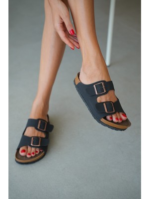 Selin Shoes Noir Çift Ayarlanabilir Tokalı Kadın Terlik- Siyah