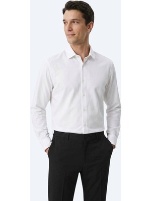 Kip Beyaz Düz Regular Fit Uzun Dokuma Casual Pamuk Karışımlı Gömlek